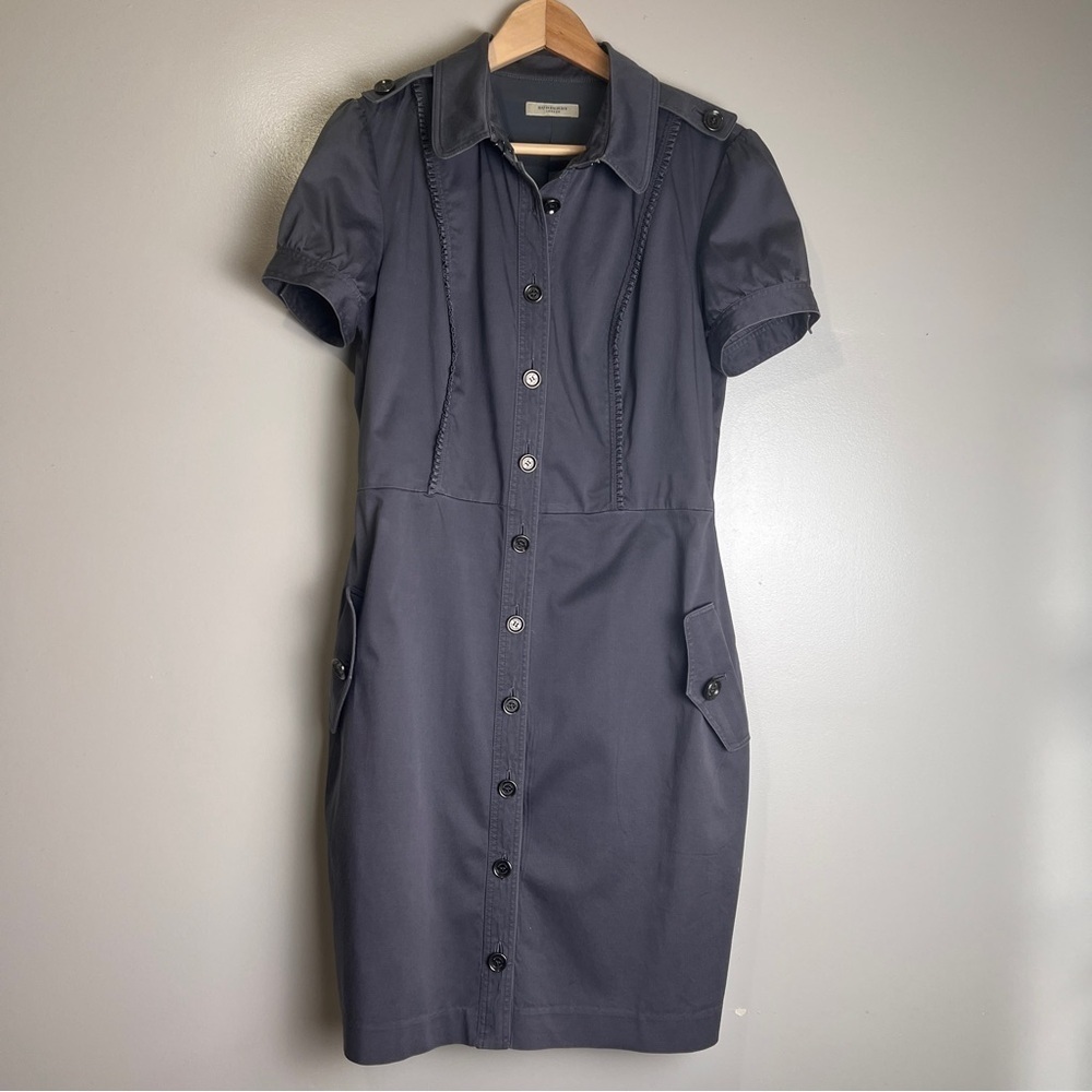 Burberry London Short Sleeve Button-Down Dress Gray Pockets Size 17.5” ptp EUC